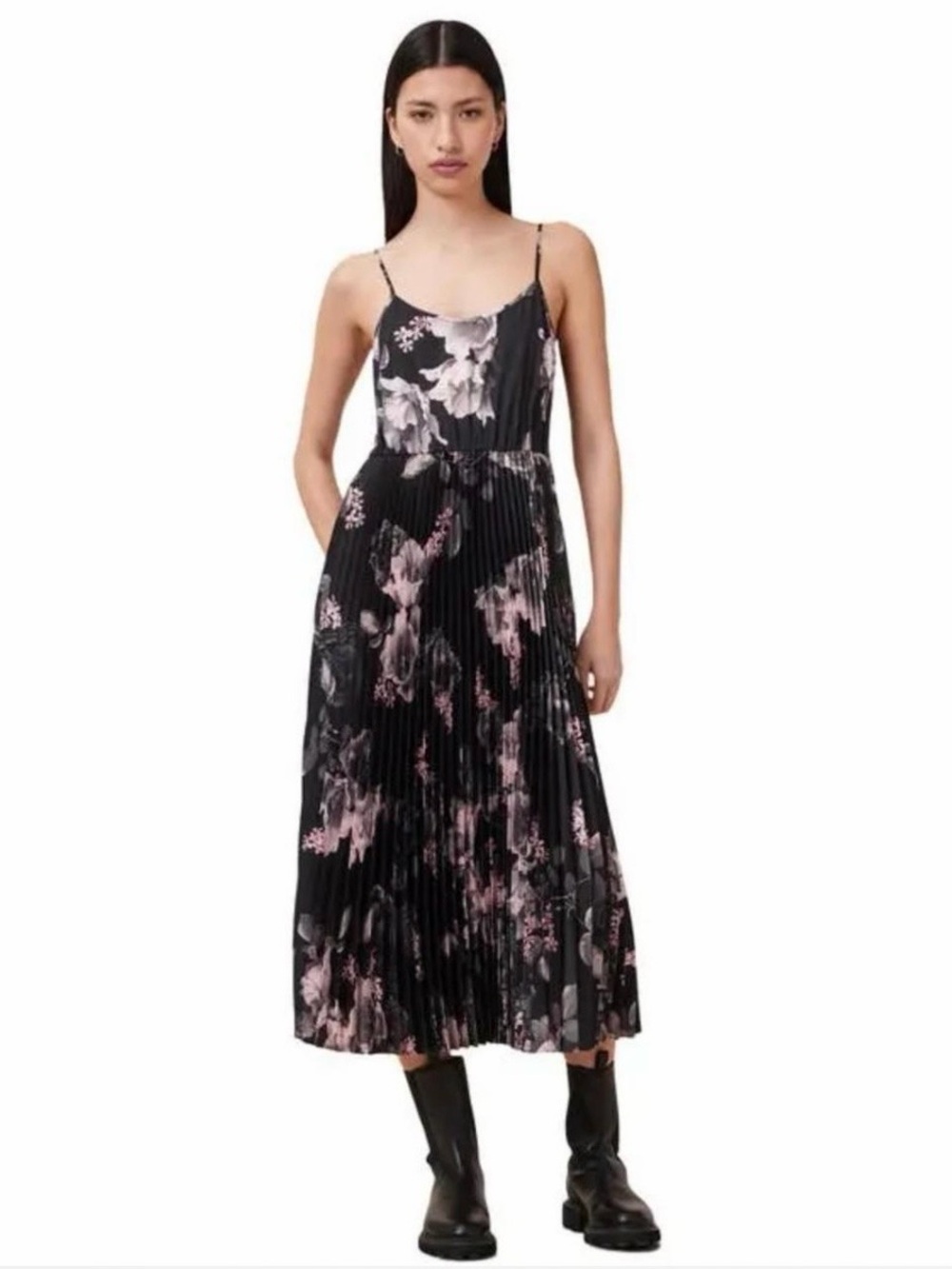 AllSaints Black Floral Pleated Midi Dress with Pink Accents